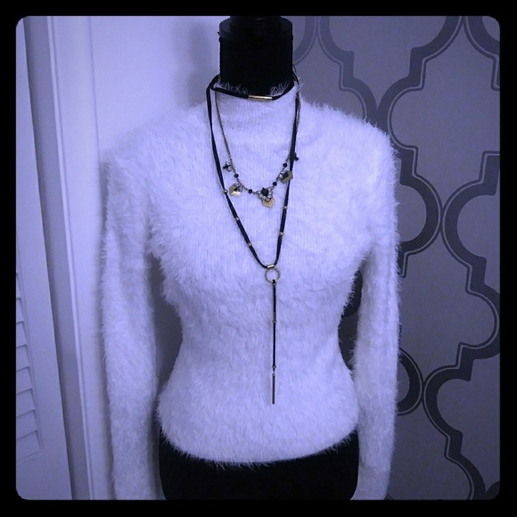90s Inspired White Sweater Angora Rabbit Fuzzy Fur - Picture 1 of 6